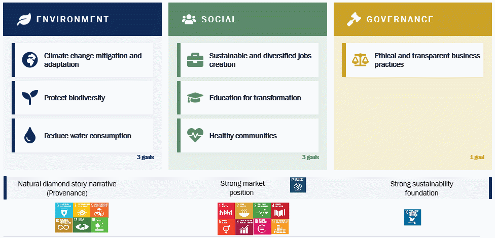 Debswana ESG framework: three pillars – Environment, Social and Governance – and seven goals: climate change mitigation and adaptation, protect biodiversity, reduce water consumption, sustainable and diversified job creation, education for transformation, healthy communities, and ethical and transparent business practices.